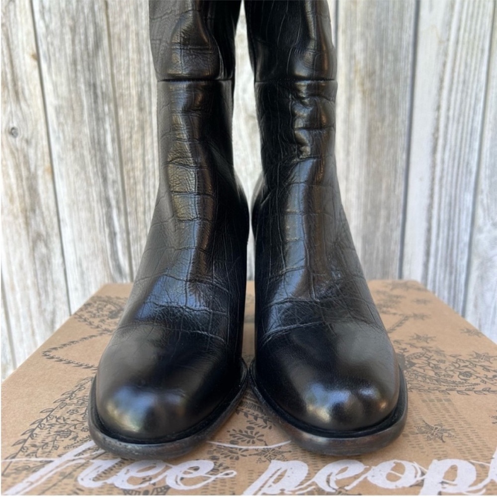 New Free People Grayson Tall Boot Leather Croc Print Black 37.5 - Picture 9 of 16